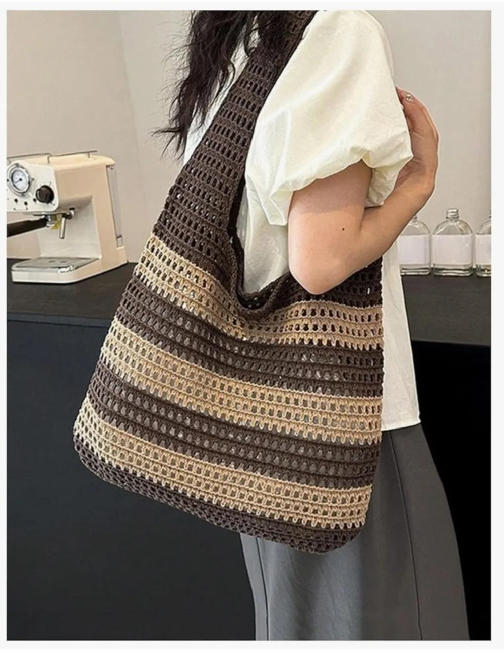 Women's Color Block Striped Crochet Tote Bag